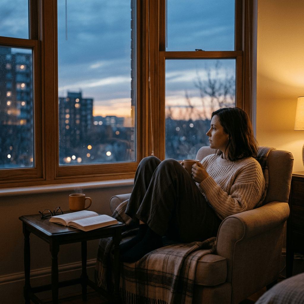 Woman sitting alone at dusk window